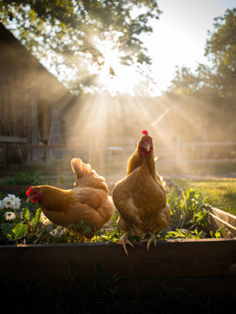 Chickens are positioned in a garden bed, enjoying the warm glow of the morning sun. Soft rays...