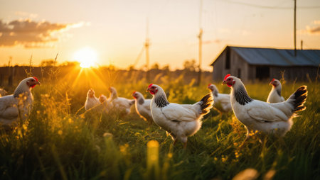 Hens explore a lush green field as the sun sets, casting warm light on the chickens and a rustic...