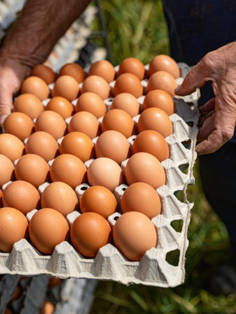 Two hands grasp a carton filled with brown eggs, showcasing the fresh produce of a farm. The...