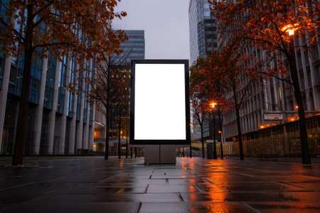 A blank advertising billboard stands prominently in an urban area, surrounded by modern buildings.の写真素材