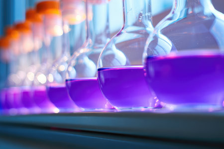 Brightly colored laboratory flasks filled with purple liquid are neatly arranged on a table. The...