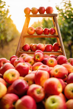 Red apples are piled high on a wooden ladder and scattered on the ground in a lush orchard during sunset. The warm light enhances the vibrant colors of the apples and surroundings.の写真素材