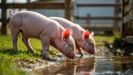 Two young piglets are seen enjoying a drink from a small pond on a farm. They are surrounded by green grass and a rustic wooden fence under bright sunlight.の写真素材