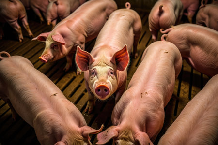 A group of pigs is gathered in a barn, with one pig in the foreground looking directly at the viewer. The atmosphere is warm, and the setting reflects a typical agricultural environment.の写真素材