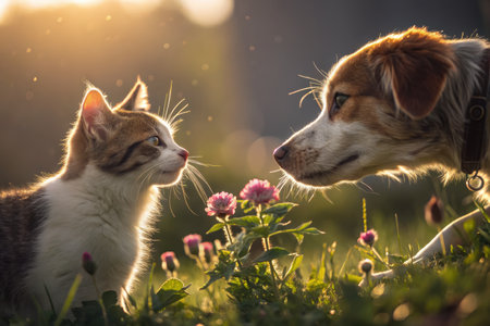 A dog and cat are nose to nose in a patch of vibrant flowers during golden hour. The warm sunlight casts a soft glow as they engage in a gentle interaction, showcasing their friendship.の写真素材