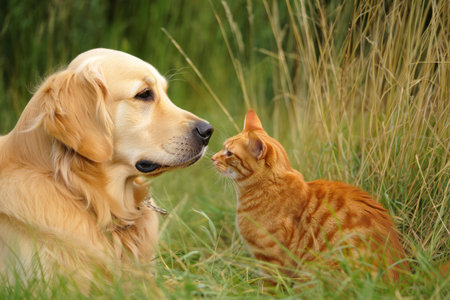 A golden retriever and an orange tabby cat sit closely in a lush green field, gazing at each other with curiosity under the warm sunlight.の写真素材