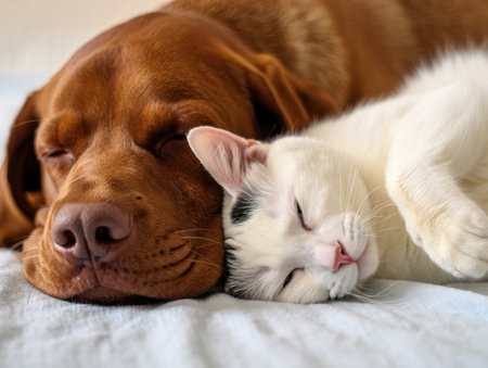 A brown dog and a white cat are cuddled up closely, sleeping peacefully on a soft surface. Their...