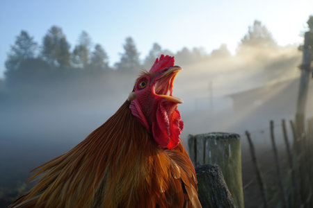 A rooster is crowing loudly at dawn, surrounded by a foggy farmyard. The mist envelops the landscape, creating a serene atmosphere as the sun begins to rise over the trees.の写真素材