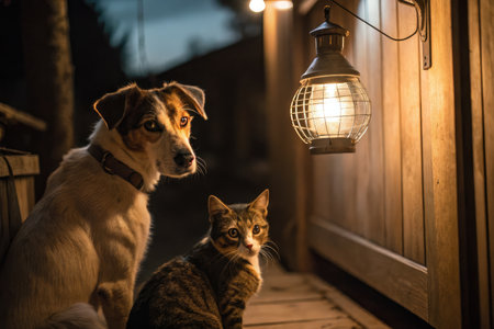 A cozy scene unfolds as a friendly dog and a curious cat sit closely together beneath a glowing...