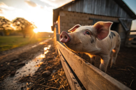 A curious piglet leans over a wooden fence, its snout covered in mud, as it explores the barnyard during a beautiful sunset. The golden light enhances the peaceful farm atmosphere.の写真素材