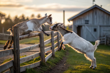 Two playful goats are engaged in a friendly showdown near a wooden fence on a tranquil farm. The...