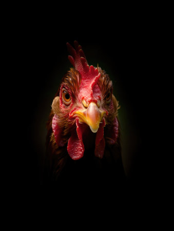 A detailed view of a chicken showcasing its vibrant feathers and distinctive features. The animal stands in a dimly lit environment, emphasizing its striking colors and expression.の写真素材