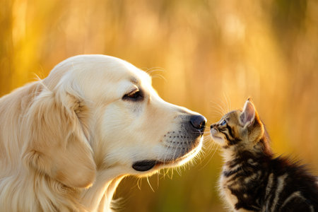 A golden retriever and a striped kitten share a curious moment in a sunlit meadow. The soft golden tones of the background enhance their gentle interaction as they nuzzle each other.の写真素材