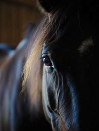 A dark brown horse stands inside a barn, with its eye focused on the viewer, showcasing the warm...