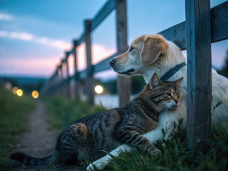 A calm dog rests its head on a cat, both relaxing together in a tranquil farm setting at twilight....