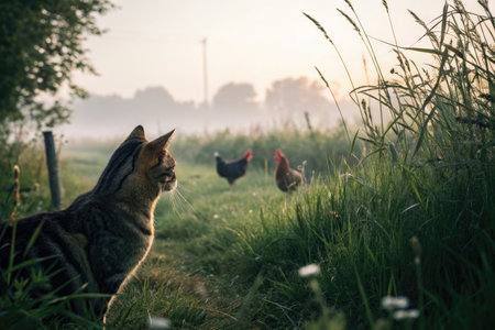 A curious cat sits quietly on a grassy path, watching a group of chickens as they forage in the soft...