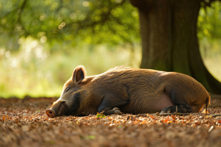 A pig lies comfortably on the ground among fallen leaves, basking in the warmth of the afternoon...