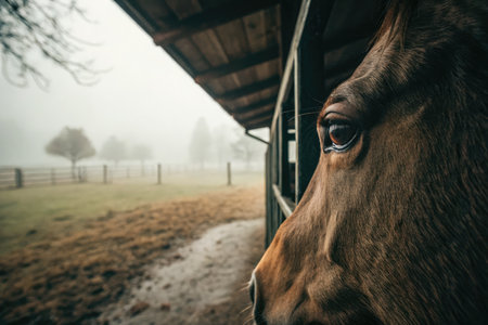 A horse stands near a stable, gazing out at the misty pasture. The overcast sky casts a calm atmosphere over the rural setting, hinting at the quietude of the afternoon.の写真素材