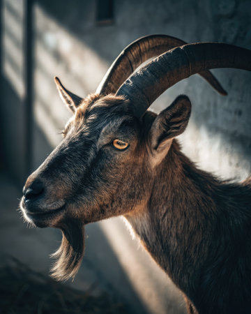 A majestic goat poses against a textured backdrop, with dramatic lighting that showcases its detailed fur and striking horns, casting artistic shadows throughout the scene.の写真素材