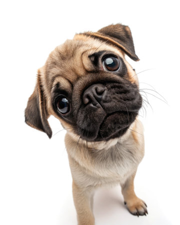 A playful pug puppy presses its adorable face close to the camera, showcasing big, expressive eyes and a charming tilt of its head. This moment captures the puppys lively spirit.の写真素材