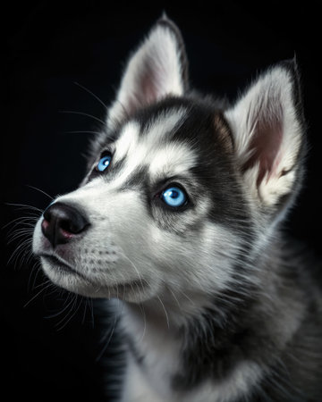 A Siberian husky puppy with striking icy blue eyes gazes upward, showcasing its adorable features....