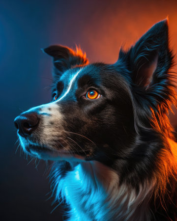 A border collie gazes intently with striking eyes illuminated by dramatic blue and orange lighting. The setting emphasizes the dogs features, showcasing its alert and focused expression.の写真素材