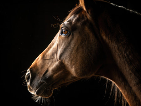 A beautiful close up reveals the intricacies of a horses muzzle and eye, capturing warm tones...
