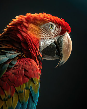 A parrot displays its striking blend of colors, featuring bright red, blue, and yellow feathers,...