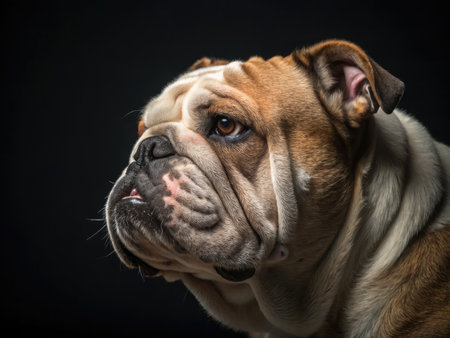 A bulldog stands still, showcasing its distinctive wrinkled face under a single overhead light. The dark background emphasizes the dogs features and expressions, creating a striking contrast.の写真素材