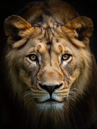 A powerful lion with striking features gazes intently at the camera in a dark setting. The expression captures the essence of strength and majesty in the wild.の写真素材
