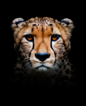 A close up view of a cheetah highlighting its intense gaze and distinctive features against a dark backdrop. The focused expression captures the essence of this magnificent predator.の写真素材