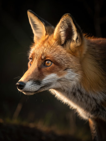 A red fox stands gracefully in a tranquil setting, bathed in soft, warm light that highlights its fur and curious expression. The atmosphere is calm and peaceful, evoking a sense of wonder.の写真素材