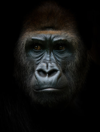 A close up of a gorillas face set against a dark background, revealing deep eyes and textured skin. The gorilla appears calm and contemplative, highlighting its majestic presence.の写真素材