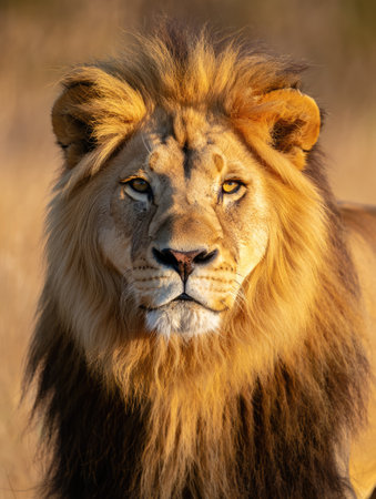 A powerful lion stands with a noble posture, its thick mane shining in the warm sunlight. The animals deep gaze captures the essence of its wild habitat in the savannah during daylight.の写真素材