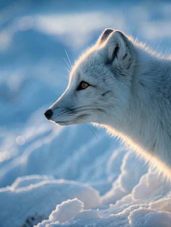 An arctic fox stands gracefully among snow drifts as soft twilight hues illuminate its fur. The tranquil landscape enhances the serene beauty of this elusive creature in a cold habitat.の写真素材