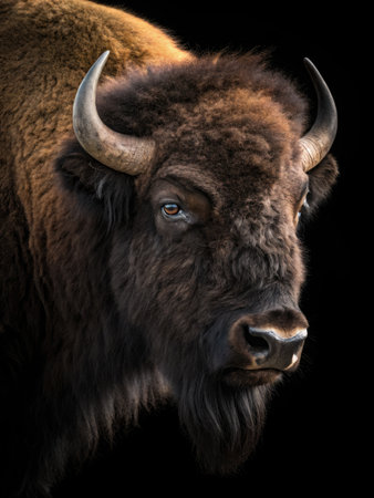 A bison gazes directly at the viewer with striking eye contact. The low key side lighting accentuates its powerful features and fur texture, creating a dramatic and compelling visual effect.の写真素材