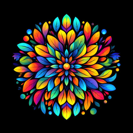 A striking floral composition featuring vibrant leaves and circles in a kaleidoscope of colors. The artwork is set against a deep black background, enhancing the visual impact.の写真素材