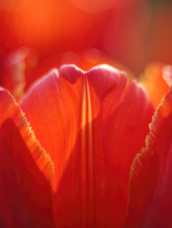 Close up view of tulip petals glowing in warm sunlight. The intricate details and rich colors create a stunning display of nature, capturing the essence of spring in full bloom.の写真素材