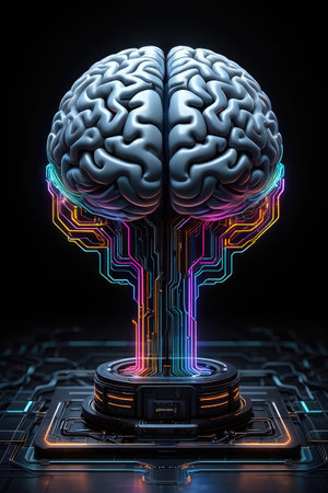 A futuristic representation of a human brain with intricate circuitry. The brain is connected to vibrant, glowing wires that emphasize the theme of artificial intelligence.の写真素材