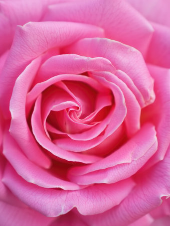 This stunning pink rose displays a spiral arrangement of soft petals, capturing the gentle beauty of nature. The vibrant color contrasts sharply with the lush green leaves surrounding it.の写真素材