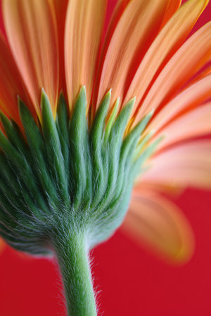 A close up view of an orange flower highlights its delicate petals and textured green stem, set against a vivid red background that enhances its colors and details, showcasing natural beauty.の写真素材