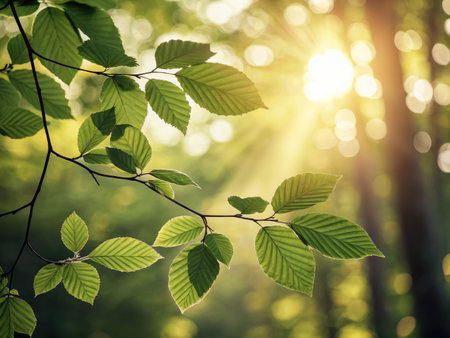 Bright sunlight shines through fresh green leaves on a branch, illuminating a tranquil forest atmosphere in the early morning. The scene evokes a sense of peace and natures beauty.の写真素材