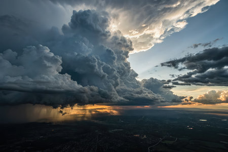 A dramatic display of storm clouds looms overhead, casting shadows over the landscape below. Sun rays break through, illuminating the horizon as the weather shifts towards an intense storm.の写真素材