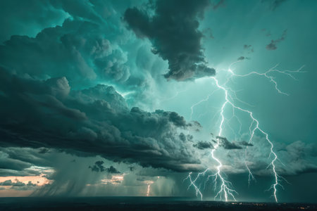 A powerful thunderstorm system unleashes multiple lightning bolts as dark clouds gather in the...