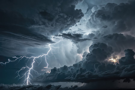Bright lightning bolts strike through a dense layer of thunderclouds during the night, creating a dramatic and electrifying atmosphere.の写真素材