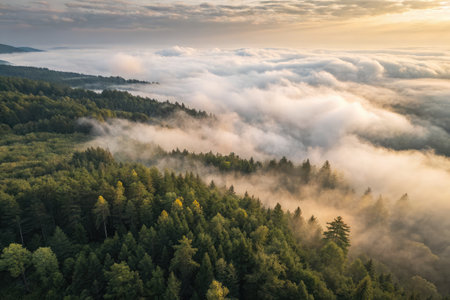 Above broken foggy clouds, a drone showcases a beautiful forest landscape at sunrise. The dense trees emerge from the mist, creating a serene and tranquil atmosphere in nature.の写真素材