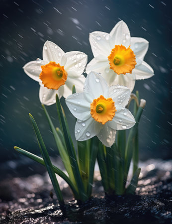 White daffodils in rain drops in a spring garden. The beauty of natureの写真素材