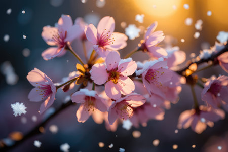 Delicate pink cherry blossoms bloom while soft snowflakes gently fall around them, creating a serene and enchanting winter scene that showcases the harmony of nature.の写真素材