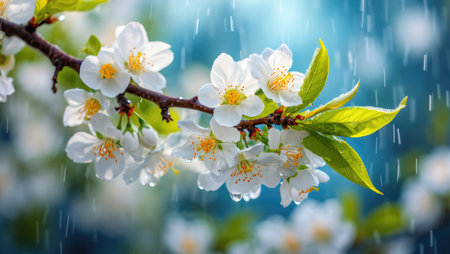 Delicate white flowers with yellow tipped stamens are gently drenched by rain. Fresh green leaves surround the blossoms, reflecting a vibrant spring day filled with natures beauty.の写真素材