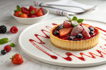 A delicious fruit tart featuring fresh berries, drizzled with a vibrant red glaze and dusted with powdered sugar, placed on a plate.の写真素材